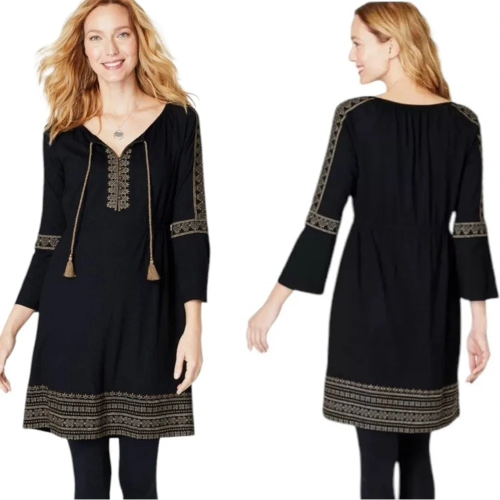 J. Jill Embroidered Cotton Blend Boho Knit Peasant Sheath Dress Black Size S